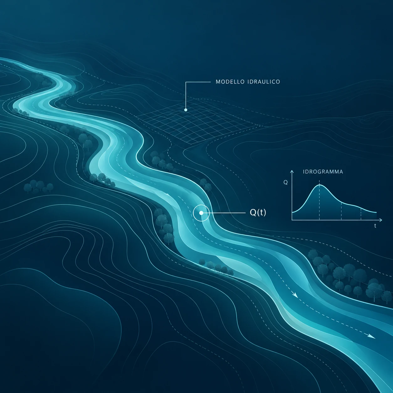 Illustrazione concettuale di modellazione idraulica: un corso d’acqua tra curve di livello, griglia del modello e idrogramma delle portate